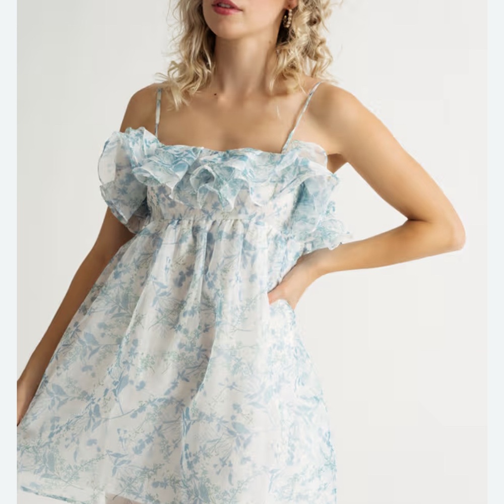Storia Floral Blue Ruffle Dress